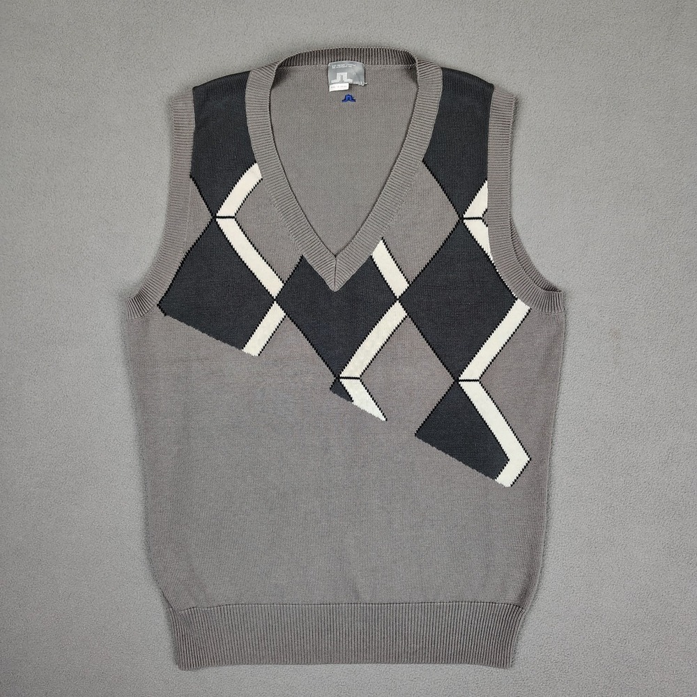 J Lindeberg Golf Sweater Vest Men Large Gray Argyle Diamond Rib Knit Outdoors EC